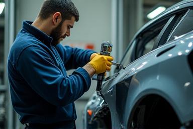 Technician repairing car body in workshop