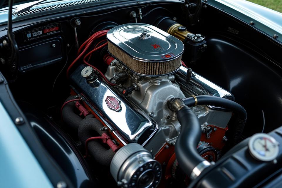 Detail shot of classic car engine bay during restoration