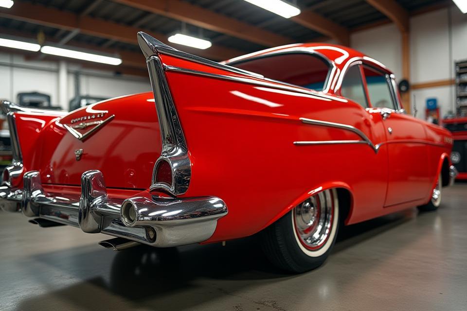 Restored red sports car in workshop