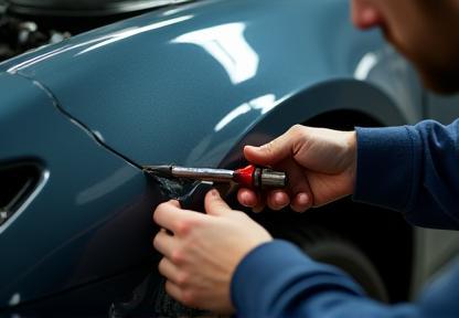 Technician working on collision damaged car body